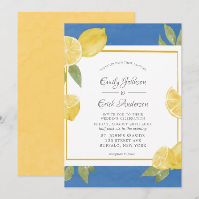 Invitation Citrons jaunes et Mariage d'aquarelle bleu (Devant / Derrière)