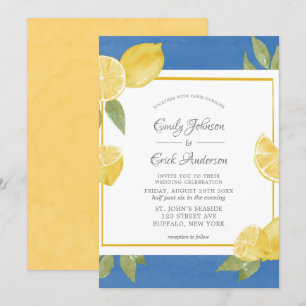 Invitation Citrons jaunes et Mariage d'aquarelle bleu