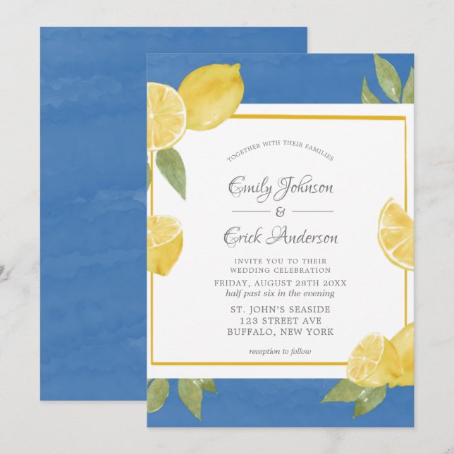 Invitation Citrons jaunes et Mariage d'aquarelle bleu Invitat (Devant / Derrière)