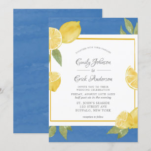 Invitation Citrons jaunes et Mariage d'aquarelle bleu Invitat