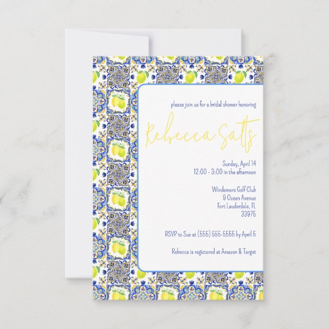 Invitation Citrons Majolica bleu, blanc, jaune Fête des marié (Devant)
