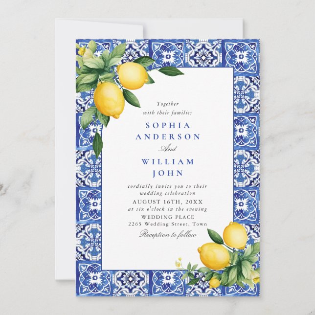 Invitation Citrons méditerranéens Carreaux bleus Mariage (Devant)