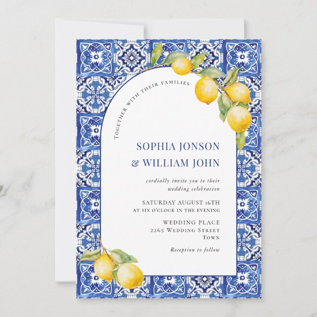 Invitation Citrons méditerranéens Carreaux bleus Mariage (Devant)