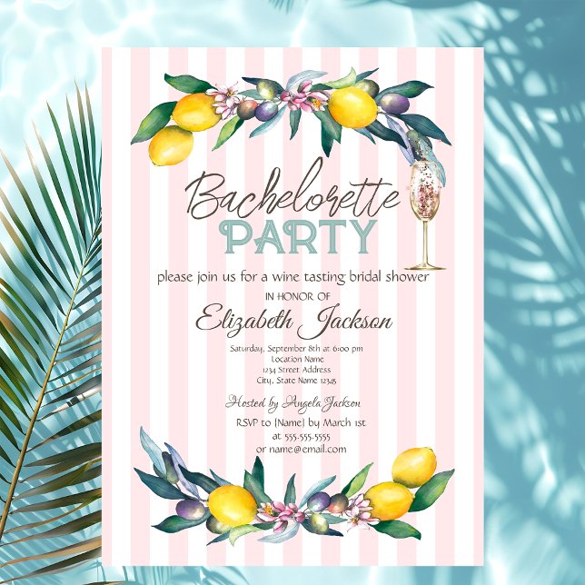 Invitation Citrons Olives Verre Pink Stripes Bachelorette (Créateur téléchargé)