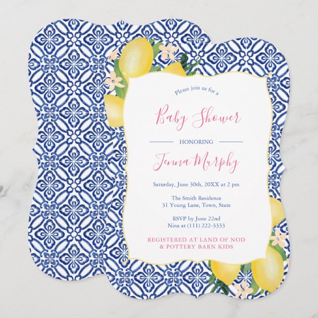 Invitation Citrons peints à la main Cobalt Baby shower bleu b (Devant / Derrière)