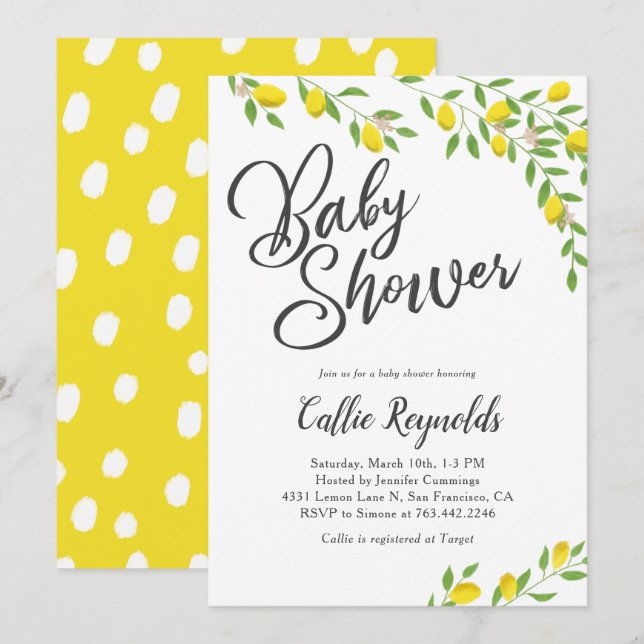 Invitation Citrons rustiques Baby shower jaune (Devant / Derrière)
