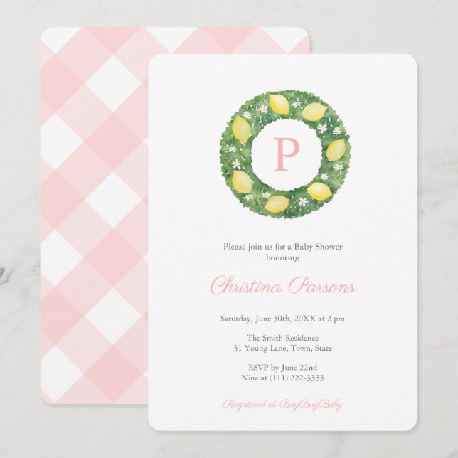 Invitation Citrons Wreath peint à la main Baby shower féminin (Devant / Derrière)