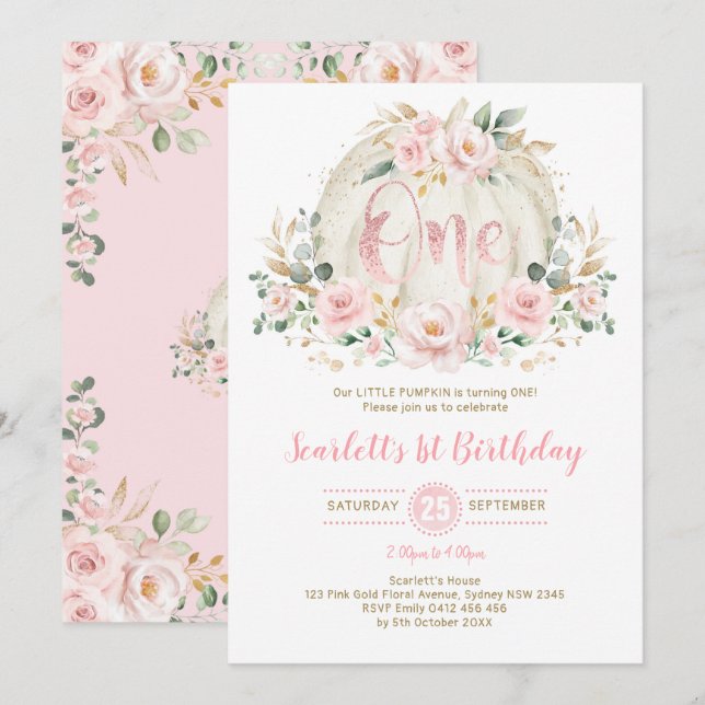 Invitation Citrouille 1er anniversaire Rose floral noir rose  (Devant / Derrière)