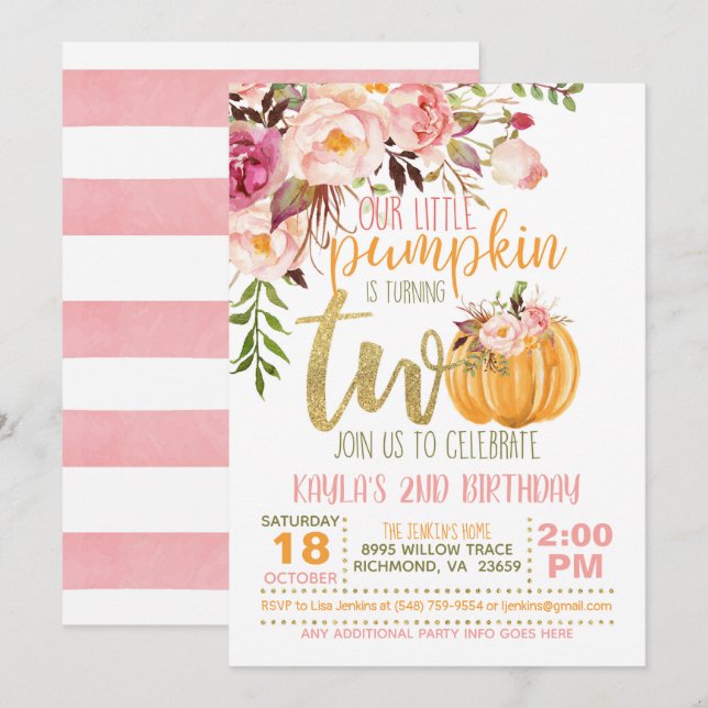 Invitation citrouille 2E Anniversaire - Fleurs (Devant / Derrière)
