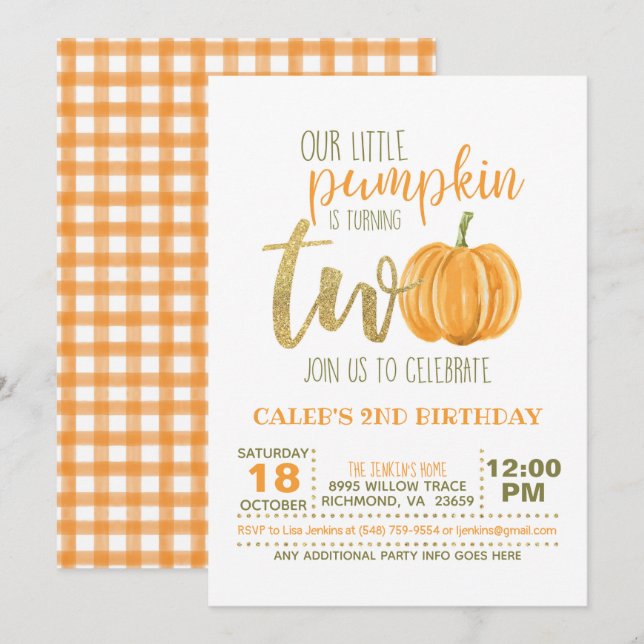 Invitation citrouille 2E Anniversaire - Orange Pla (Devant / Derrière)