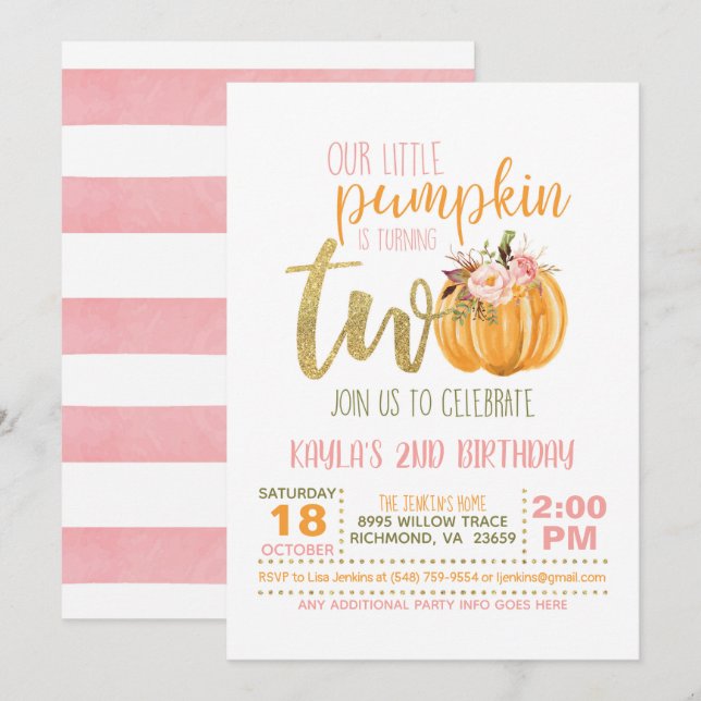 Invitation citrouille 2e anniversaire - Pink Strip (Devant / Derrière)