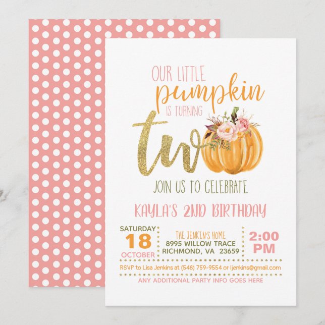 Invitation citrouille 2E Anniversaire - Points ros (Devant / Derrière)