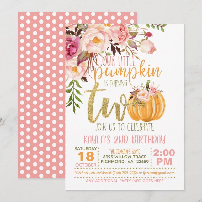 Invitation citrouille 2E Anniversaire - Pois rose  (Devant / Derrière)