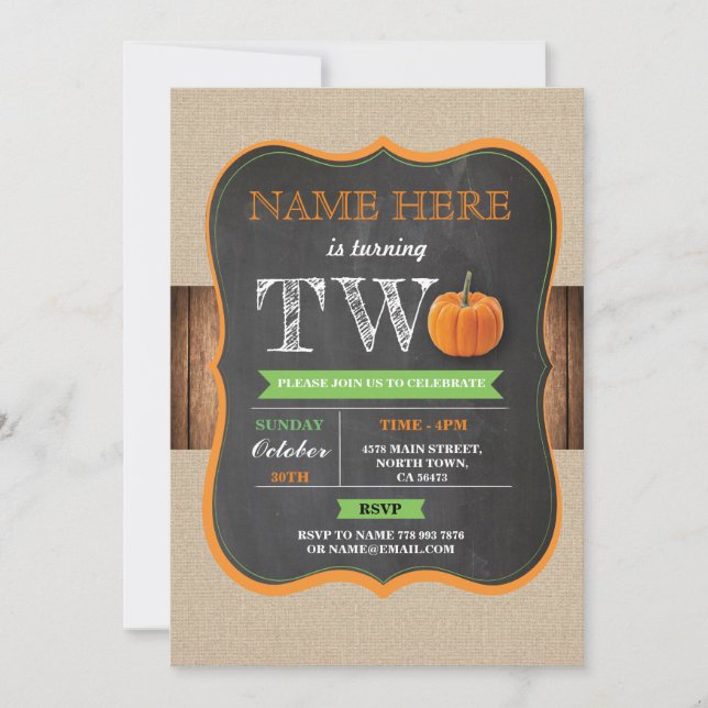 Invitation Citrouille 2ème 2 Deux fête d'anniversaire garçon  (Devant)