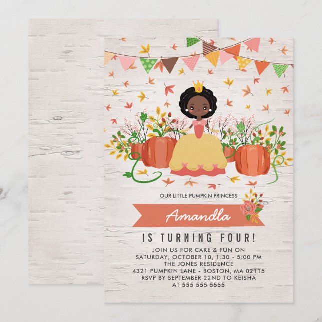 Invitation Citrouille afro-américain Princess Anniversaire (Devant / Derrière)