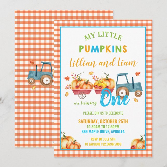 Invitation Citrouille Anniversaire Fête Récolte Camion Twins  (Devant / Derrière)