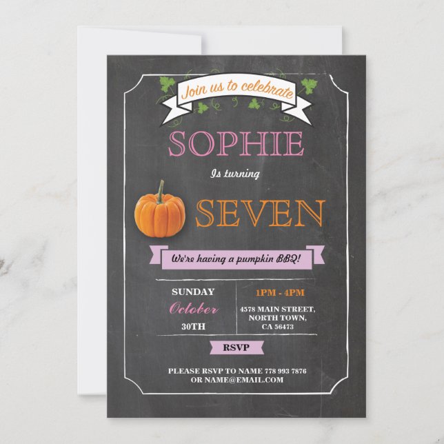 Invitation Citrouille Anniversaire Partie Chalk rose N'import (Devant)