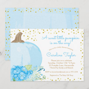 Invitation Citrouille Aquarelle Bleu Or Chute bébé Garçon Dou