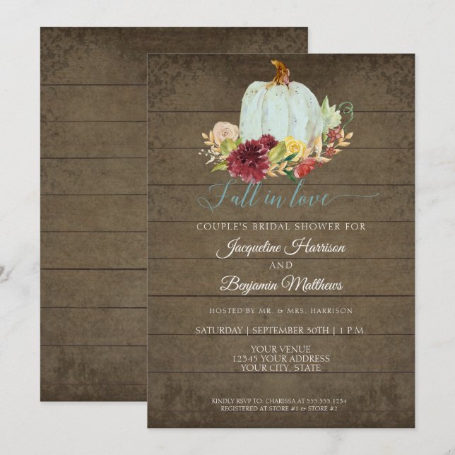 Invitation Citrouille aquarelle en bois rustique floral de Bo (Devant / Derrière)