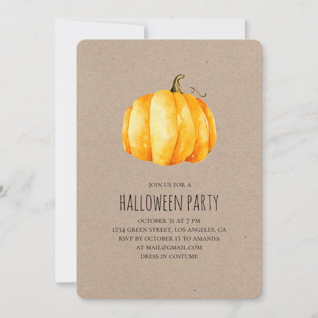 Invitation Citrouille aquarelle. Soirée costumée d'Halloween. (Devant)