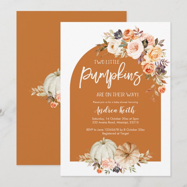 Invitation Citrouille Arch Boho Automne Floral TWINS baby sho (Devant / Derrière)