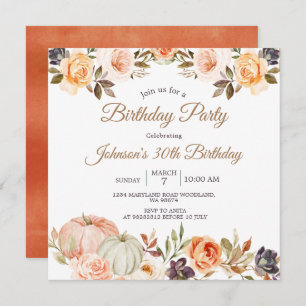 Invitation Citrouille automne 30e fête d'anniversaire Rustic