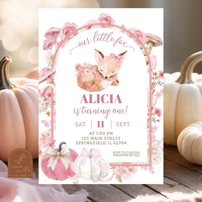 Invitation Citrouille automne blanc et renard rose Fille Anni (Créateur téléchargé)