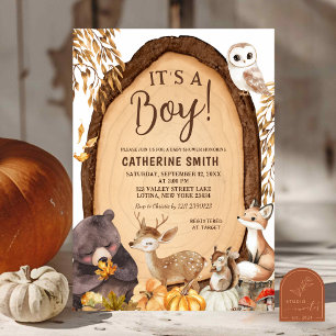 Invitation Citrouille Automne Bois Baby shower animal Invitat