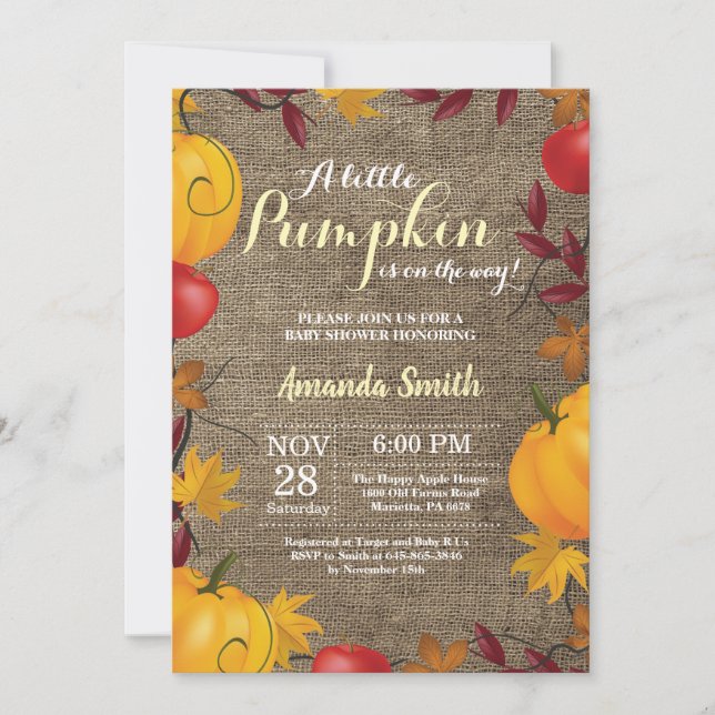 Invitation Citrouille automne Burlap Baby shower jaune invita (Devant)