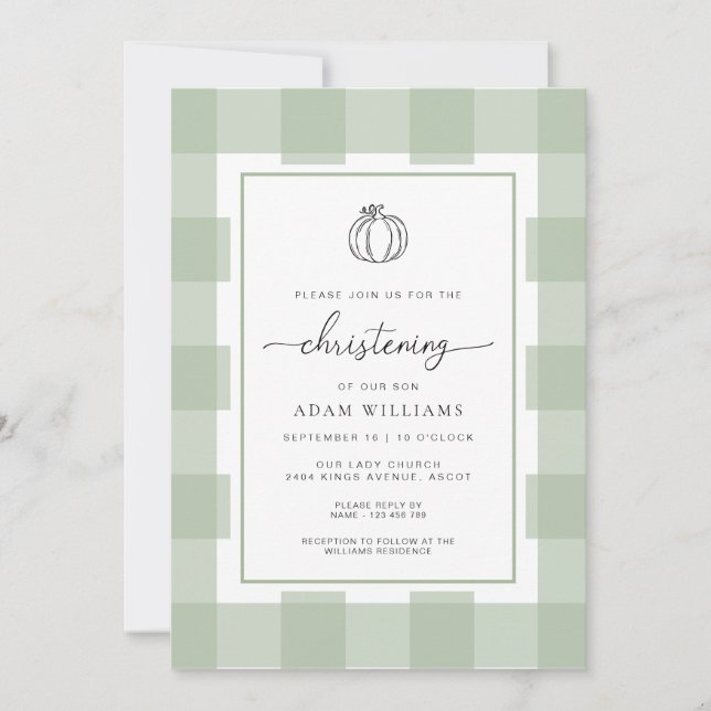 Invitation Citrouille Automne Sage Green En vichy Christening (Devant)