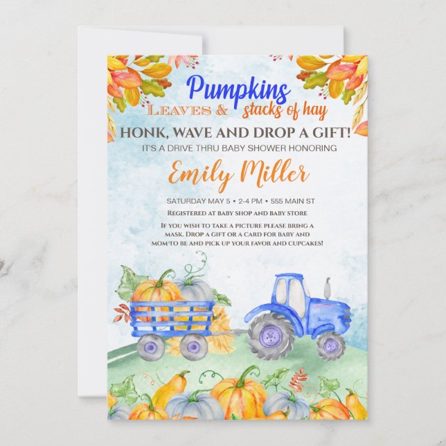 Invitation Citrouille Automne tracteur bleu baby shower invit (Devant)