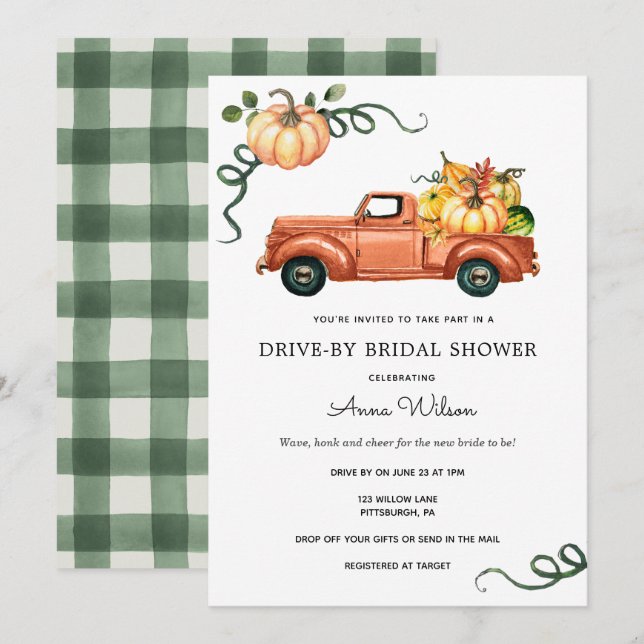 Invitation Citrouille Automne Truck Drive par Fête des mariée (Devant / Derrière)