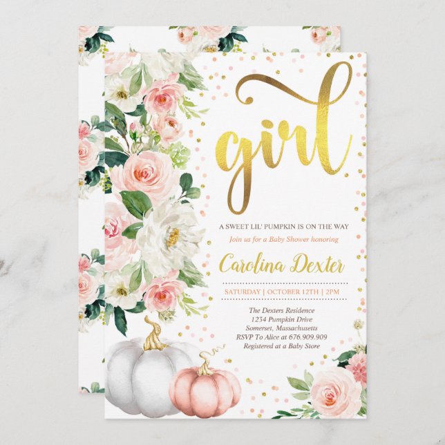 Invitation citrouille Baby shower Blush Rose Et Or (Devant / Derrière)