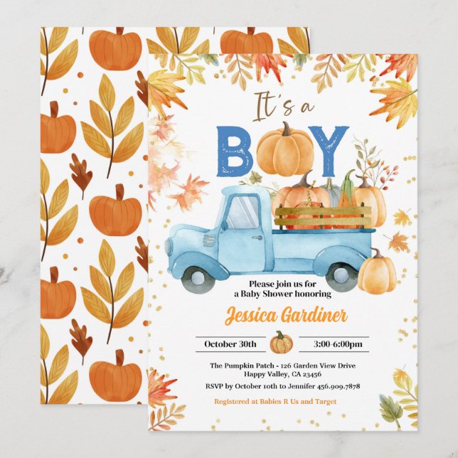 Invitation Citrouille Baby shower Boy Blue Truck Aquarelle (Devant / Derrière)