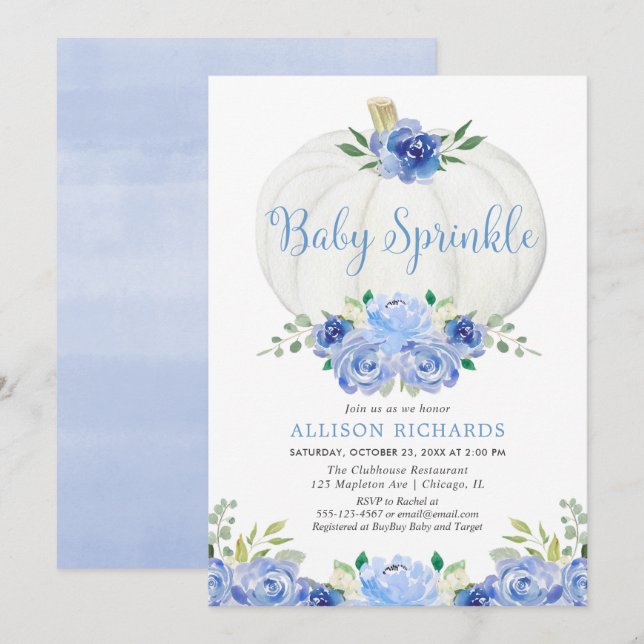 Invitation Citrouille bébé saupoudrer bleu blanc baby shower  (Devant / Derrière)