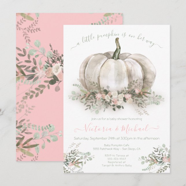 Invitation Citrouille blanc Baby shower  Couples floral Invi (Devant / Derrière)