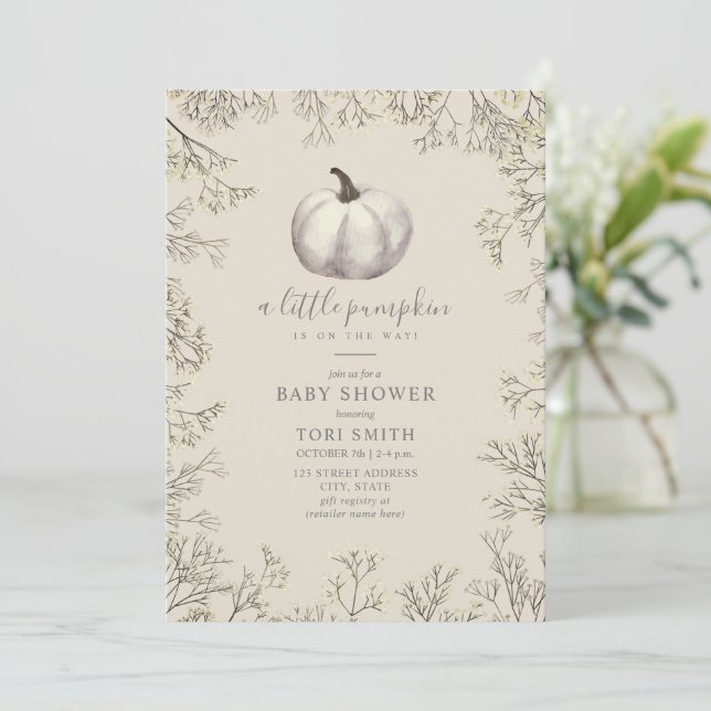 Invitation Citrouille blanc & Baby shower d'automne du souffl (Debout devant)
