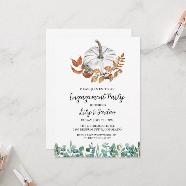 Invitation Citrouille blanc et Green Fall Engagement Party (Devant/Arrière en situation)