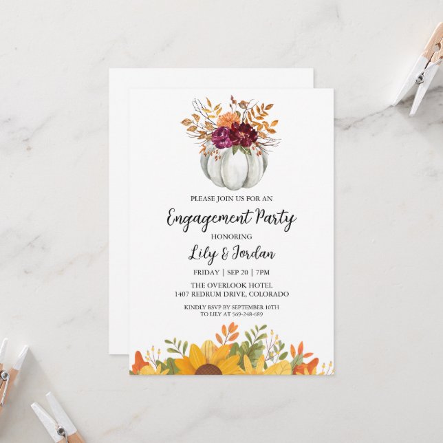 Invitation Citrouille blanc et Green Fall Engagement Party (Devant/Arrière en situation)