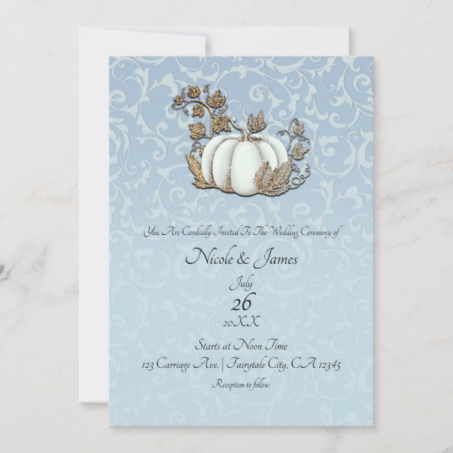 Invitation Citrouille blanc et or bleu gris Cendrillon Mariag (Devant)