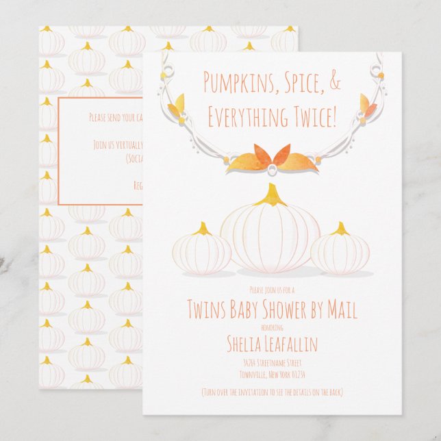 Invitation Citrouille Blanc Jumeaux d'automne Baby shower par (Devant / Derrière)