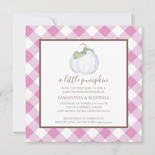 Invitation Citrouille blanc rustique et Baby shower En vichy (Devant)