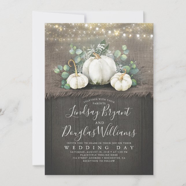 Invitation Citrouille blanc rustique et Mariage du souffle de (Devant)