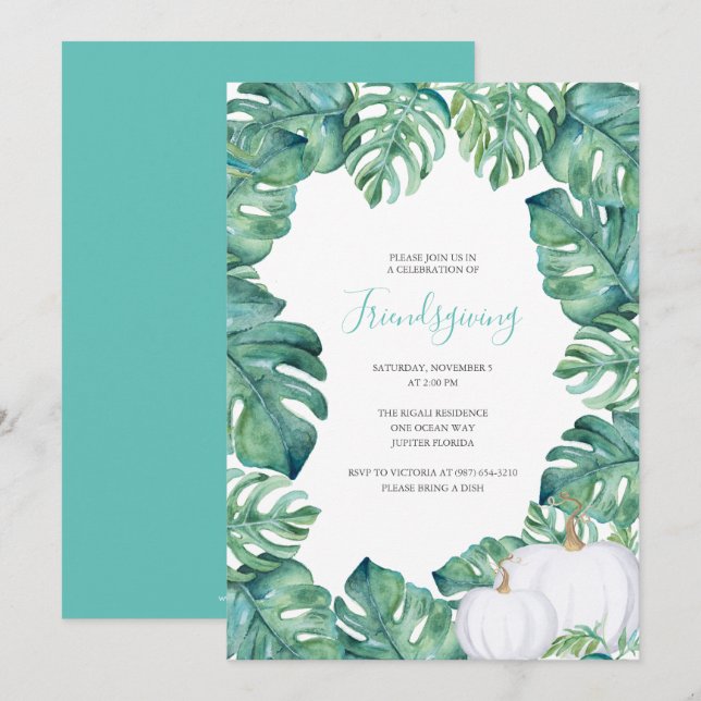 Invitation Citrouille blanc Tropical Greens Friendsgiving Inv (Devant / Derrière)
