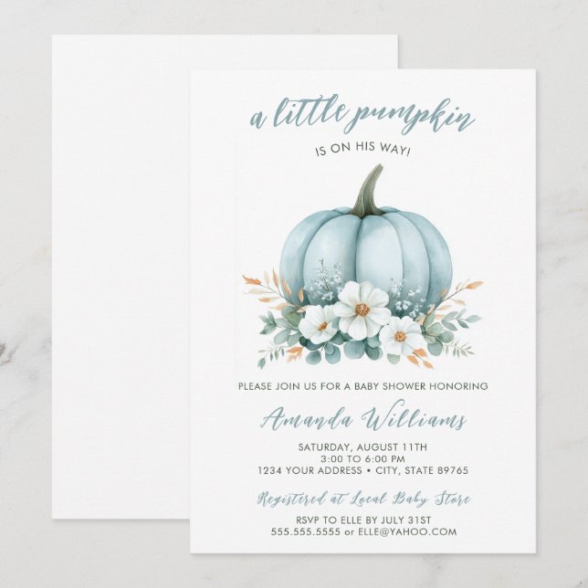 Invitation Citrouille bleu automne Baby shower d'Eucalyptus F (Devant / Derrière)