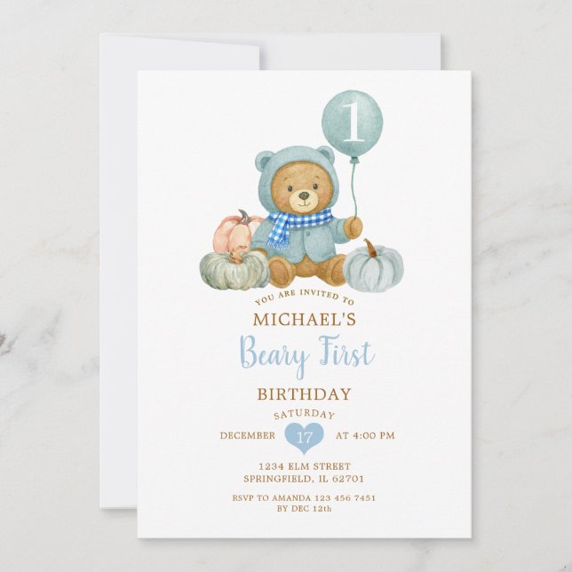 Invitation Citrouille Bleu Automne Beary Premier anniversaire (Devant)