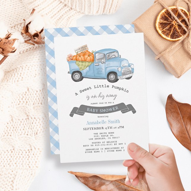 Invitation Citrouille bleu Camion En vichy Baby shower garçon (Créateur téléchargé)