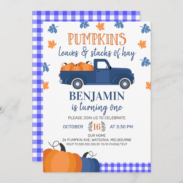 Invitation Citrouille bleu Citrouille de camion Feuilles et f (Devant / Derrière)