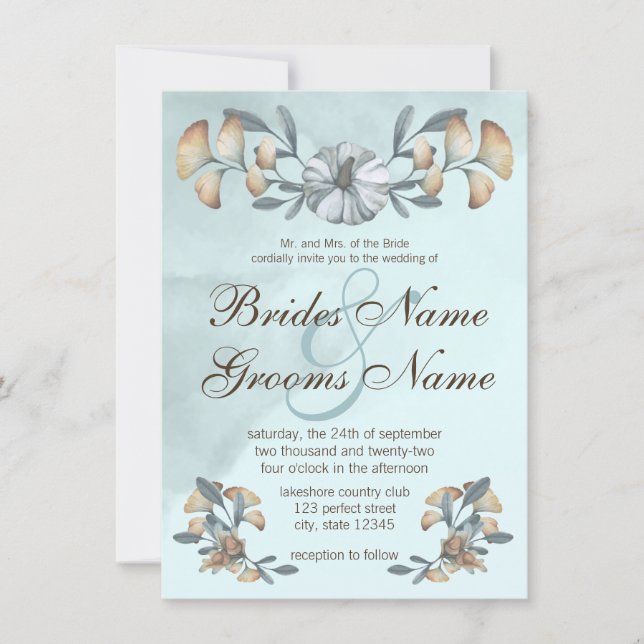 Invitation Citrouille bleu d'automne et Mariage Ginkgo (Devant)