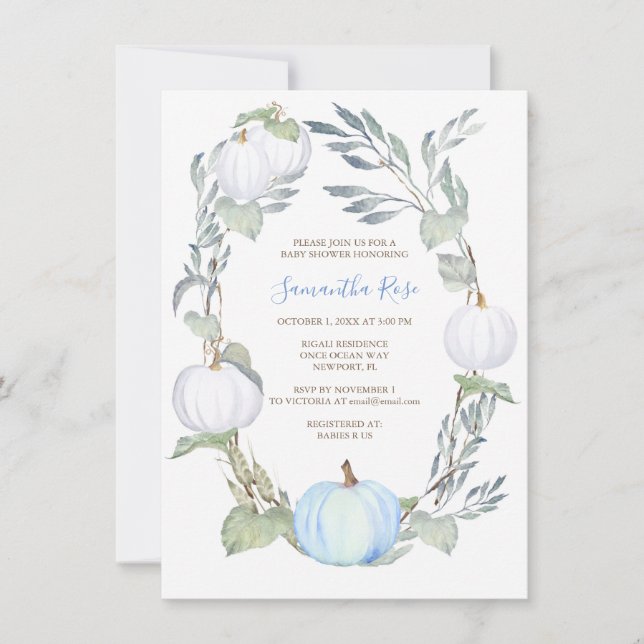 Invitation Citrouille bleu et blanc Baby shower vert Invitati (Devant)